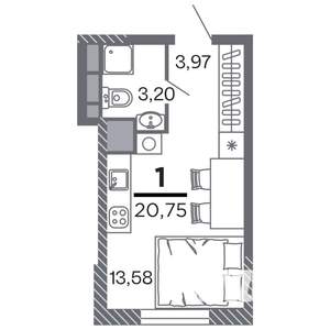 1-к квартира, строящийся дом, 21м2, 4/25 этаж