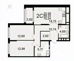 2-к квартира, вторичка, 70м2, 16/26 этаж