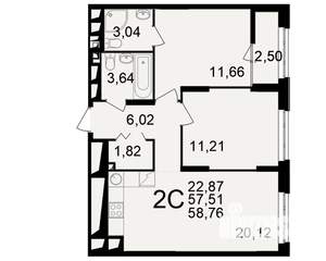 2-к квартира, вторичка, 58м2, 17/25 этаж
