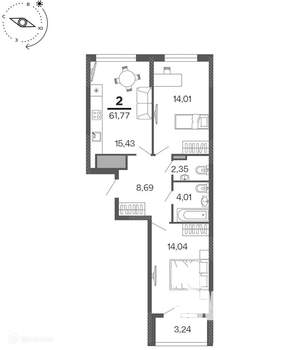 2-к квартира, вторичка, 62м2, 6/17 этаж