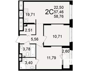 2-к квартира, вторичка, 57м2, 1/25 этаж