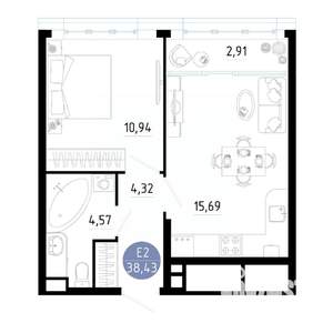 1-к квартира, вторичка, 38м2, 12/20 этаж