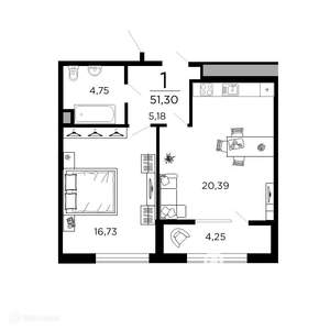 1-к квартира, вторичка, 51м2, 2/20 этаж