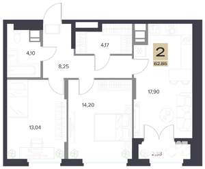 2-к квартира, строящийся дом, 63м2, 4/13 этаж