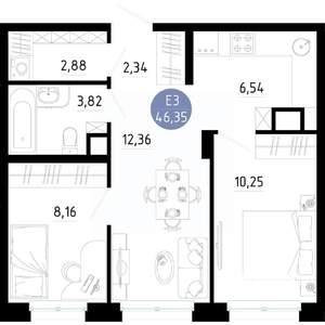 2-к квартира, вторичка, 46м2, 8/14 этаж