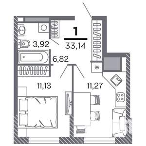 1-к квартира, строящийся дом, 33м2, 14/25 этаж