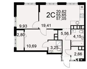 2-к квартира, вторичка, 56м2, 13/22 этаж