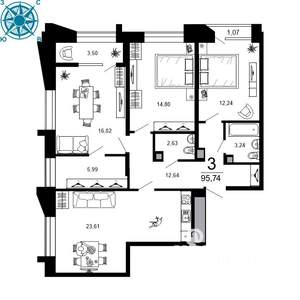 3-к квартира, вторичка, 96м2, 8/19 этаж