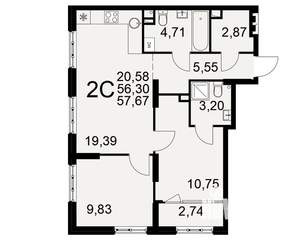 2-к квартира, вторичка, 56м2, 2/22 этаж