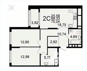 2-к квартира, вторичка, 70м2, 10/26 этаж