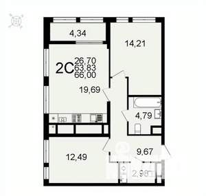 2-к квартира, вторичка, 66м2, 16/26 этаж