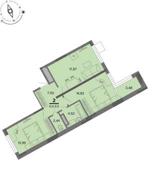 2-к квартира, вторичка, 65м2, 8/22 этаж