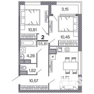 2-к квартира, строящийся дом, 56м2, 4/25 этаж