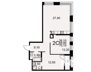 2-к квартира, вторичка, 69м2, 8/25 этаж