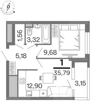 1-к квартира, строящийся дом, 36м2, 6/15 этаж