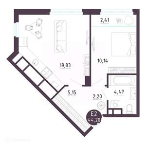 1-к квартира, вторичка, 44м2, 3/19 этаж