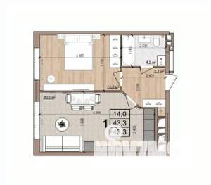 1-к квартира, вторичка, 43м2, 4/17 этаж