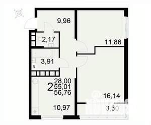 2-к квартира, вторичка, 57м2, 13/22 этаж