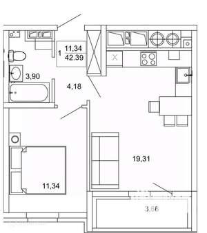 1-к квартира, вторичка, 42м2, 2/26 этаж