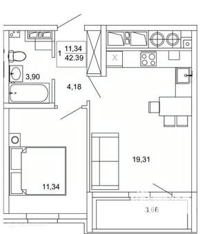 1-к квартира, вторичка, 42м2, 3/26 этаж