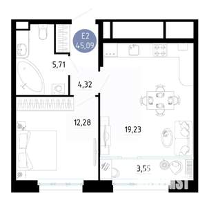 1-к квартира, вторичка, 45м2, 4/20 этаж
