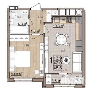 1-к квартира, вторичка, 46м2, 21/25 этаж
