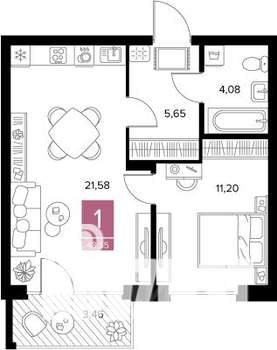 1-к квартира, вторичка, 44м2, 8/9 этаж