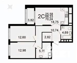 2-к квартира, вторичка, 70м2, 3/26 этаж