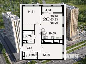 1-к квартира, вторичка, 66м2, 23/26 этаж