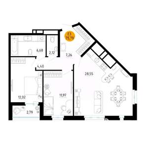 2-к квартира, вторичка, 76м2, 2/25 этаж
