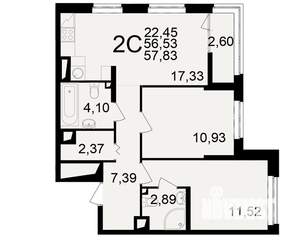 2-к квартира, вторичка, 57м2, 10/25 этаж