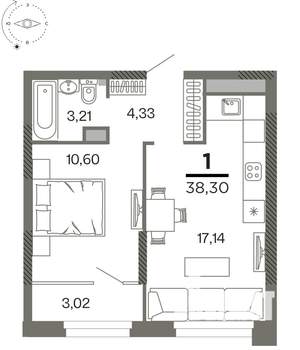 1-к квартира, вторичка, 38м2, 13/26 этаж