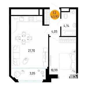 1-к квартира, вторичка, 44м2, 4/25 этаж