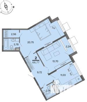2-к квартира, вторичка, 67м2, 2/22 этаж