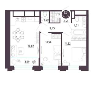 2-к квартира, вторичка, 58м2, 10/18 этаж