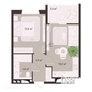 1-к квартира, вторичка, 44м2, 6/9 этаж