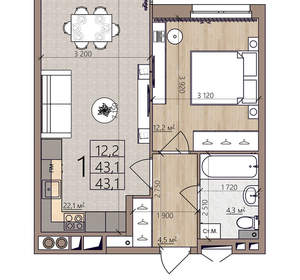 1-к квартира, вторичка, 43м2, 4/8 этаж