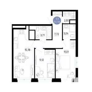 2-к квартира, вторичка, 52м2, 14/14 этаж