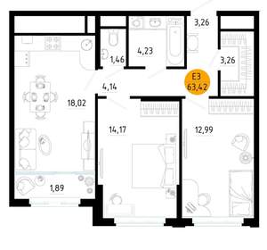 2-к квартира, вторичка, 63м2, 6/25 этаж