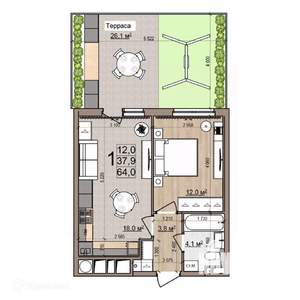 1-к квартира, вторичка, 64м2, 1/26 этаж