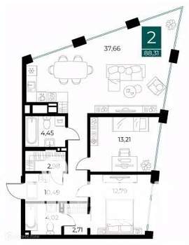 2-к квартира, вторичка, 88м2, 5/14 этаж