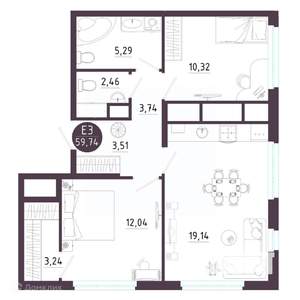 2-к квартира, вторичка, 60м2, 7/19 этаж