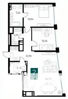 2-к квартира, вторичка, 92м2, 4/13 этаж