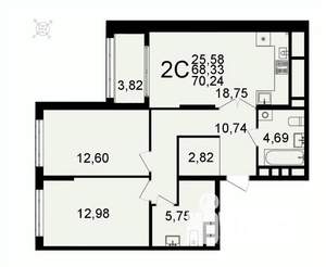2-к квартира, вторичка, 70м2, 17/26 этаж