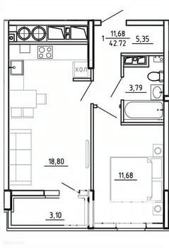 1-к квартира, вторичка, 43м2, 4/26 этаж