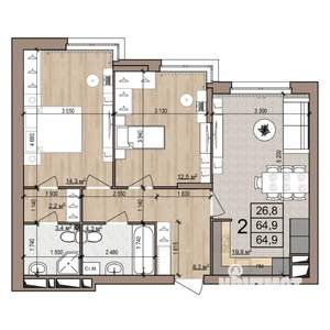 2-к квартира, строящийся дом, 65м2, 8/25 этаж