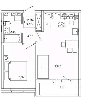 1-к квартира, вторичка, 42м2, 4/26 этаж