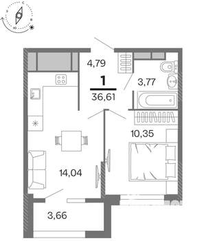 1-к квартира, строящийся дом, 37м2, 13/15 этаж