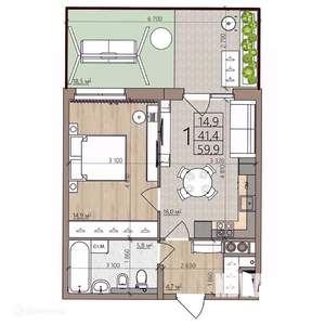 1-к квартира, вторичка, 60м2, 1/9 этаж