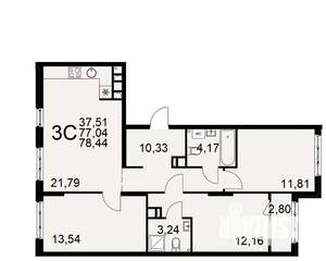 3-к квартира, вторичка, 77м2, 11/22 этаж